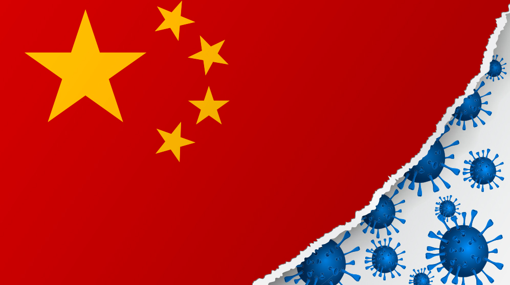 China flag with illustrations of coronavirus