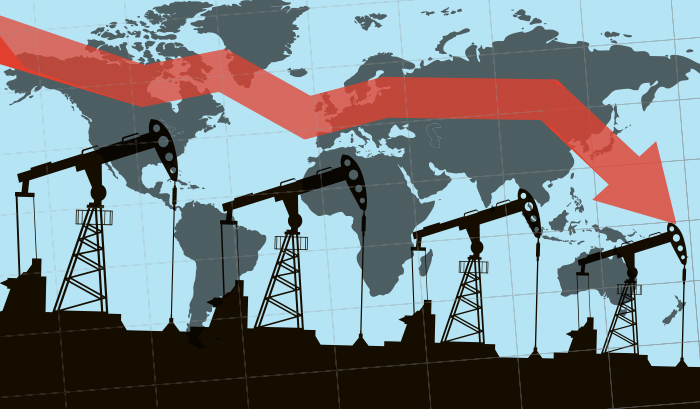 Illustration of global map with silhouettes of oil rigs with a red down arrow