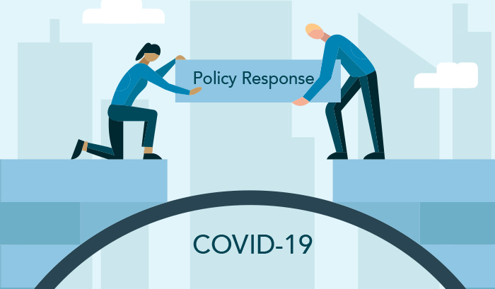 Illustration of two figures holding a sign "Policy Response" over "COVID-19"