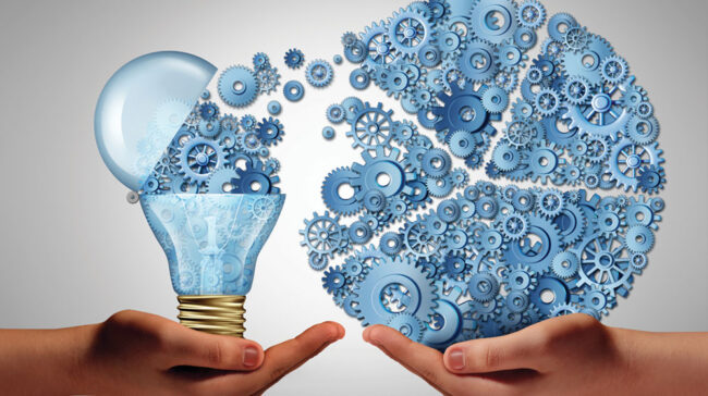 Illustration of two upright cupped hands facing each other one with illustrated light bulb with gears floating to other and forming a pie chart.