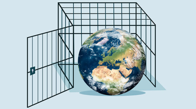 Illustration of a satellite picture of earth in a black wire cage with door open.