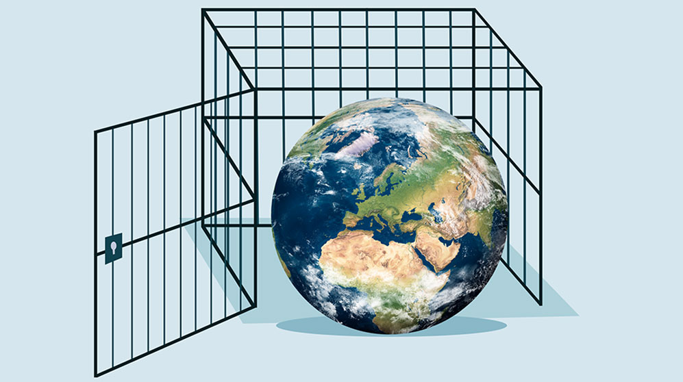 Illustration of a satellite picture of earth in a black wire cage with door open.