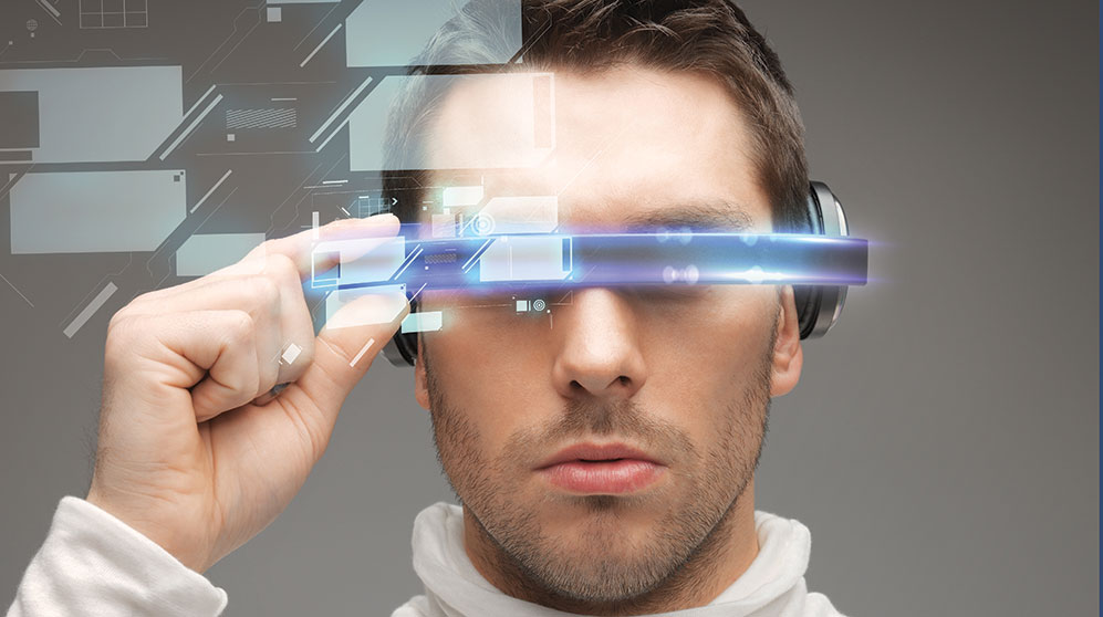 Man wearing futuristic glasses with holograms showing heads-up display.