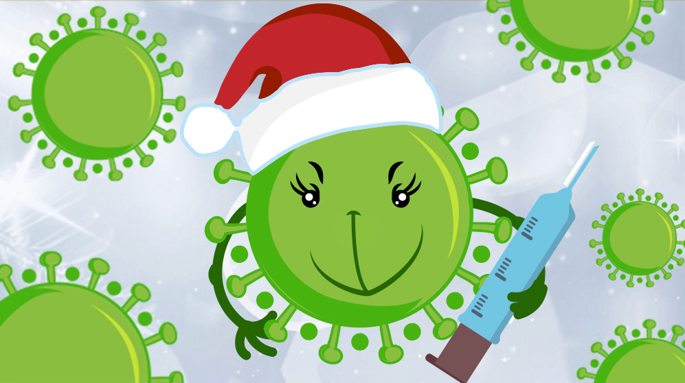 Illustration of green coronoviruses, one with a grinch face and santa claus hat holding a syringe representing vaccine