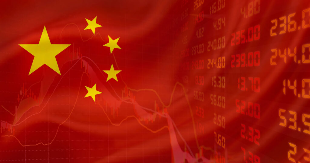 China flag with financial market line chart and data screen.