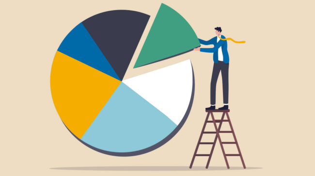 cartoon of a person standing on a ladder pulling a green piece from a multi-colored pie chart