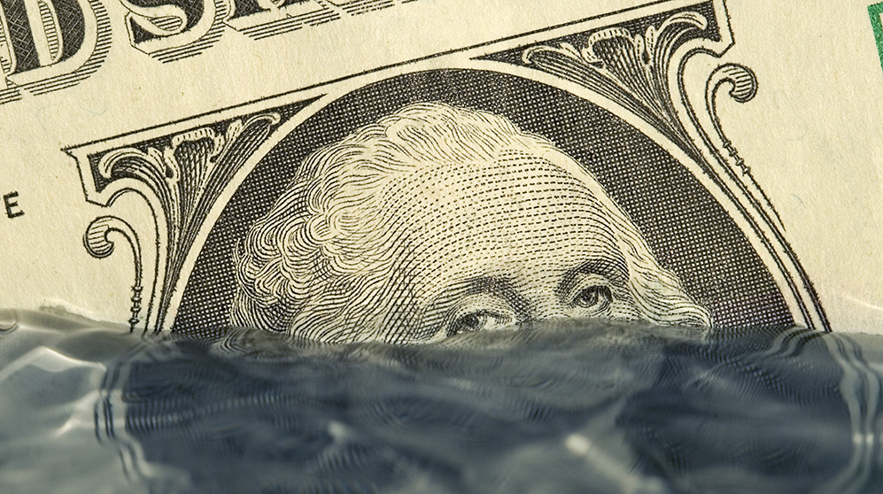 $1 bill image of George Washington up to eyeballs in water.