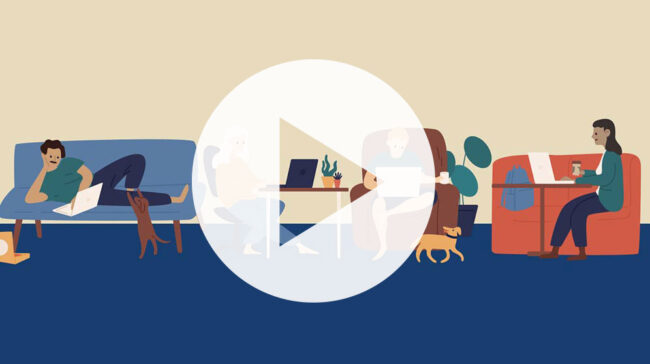 Play icon over illustration of people sitting at desk and in an armchair.