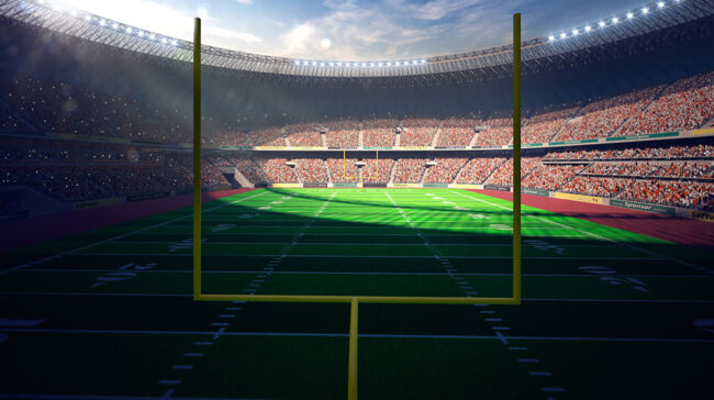 Illustration of a packed football stadium from viewpoint behind a goalpost.