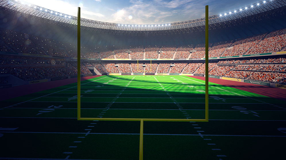 Illustration of a packed football stadium from viewpoint behind a goalpost.