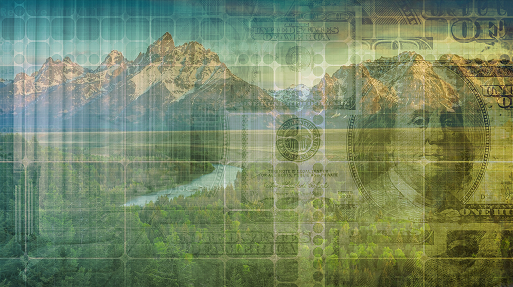 High, jagged mountains overlaid by image of $100 bill