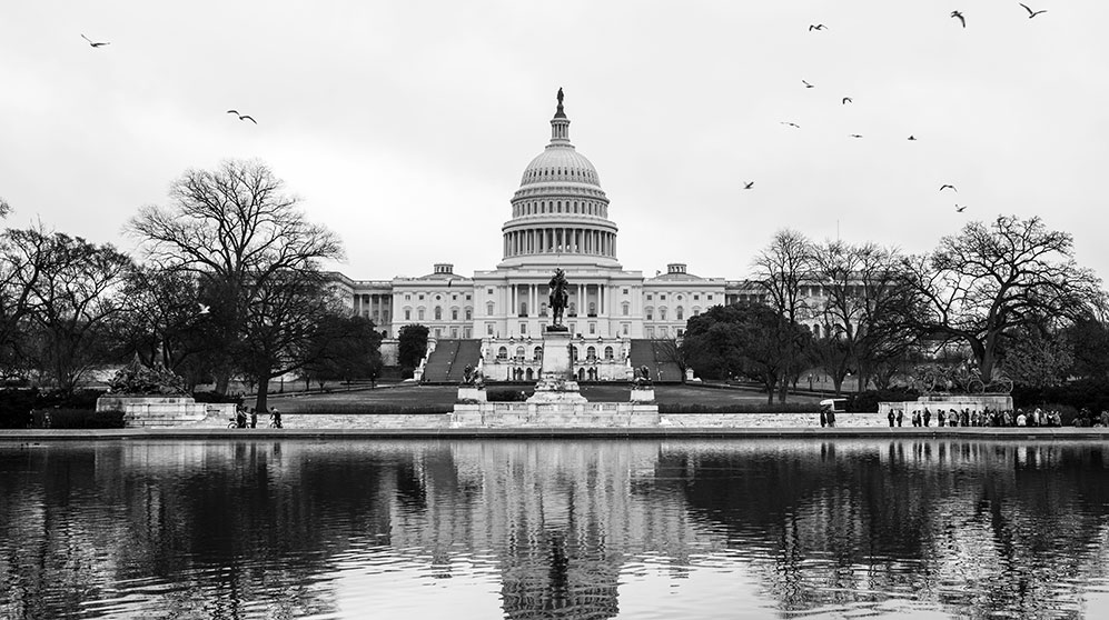 Moody black and white photo of U.S. Capital building from across pond.