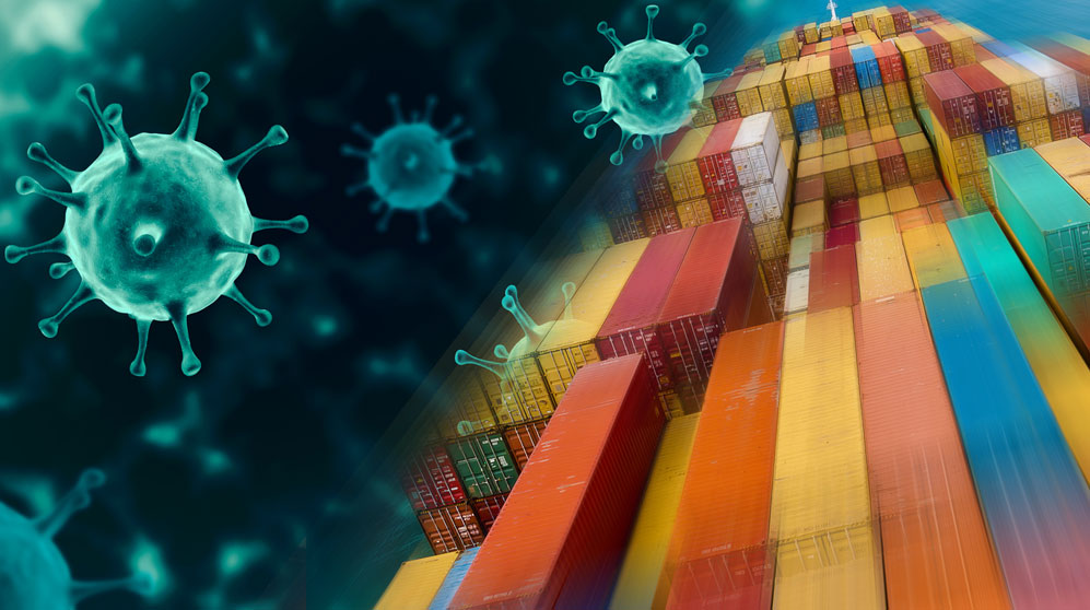 Mashup of shipping containers representing global trade and coronoviruses.