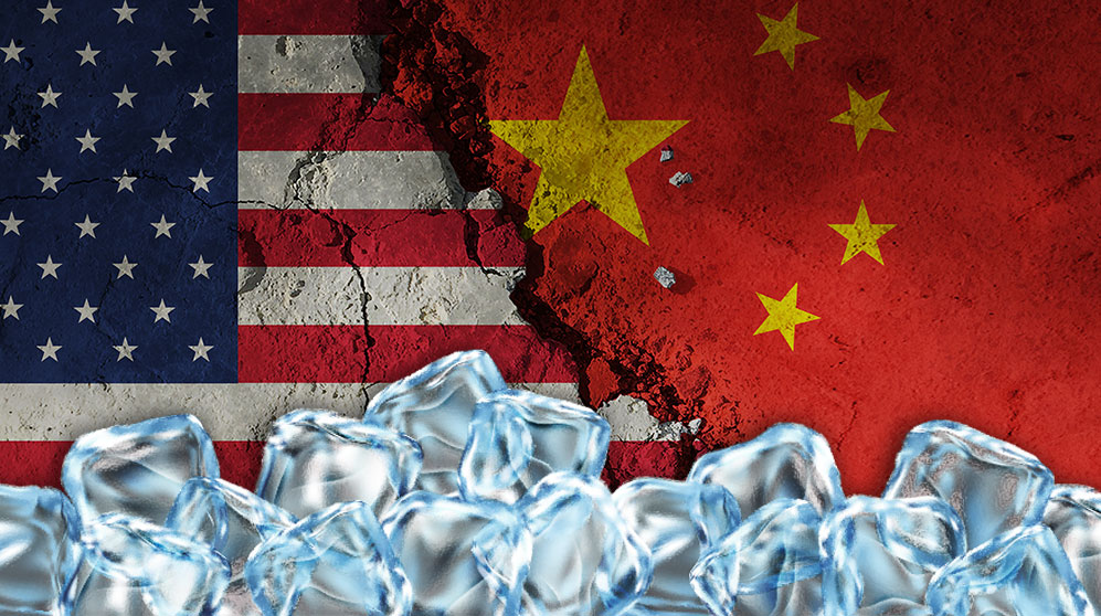 Illustration of U.S flag colliding with China flat with ice cubes in foreground.