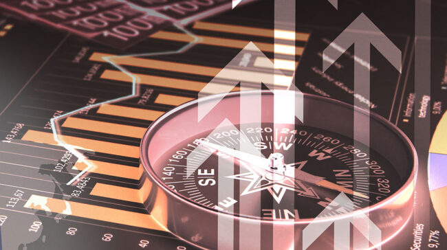 Mashup of a compass with market performance graphics and up arrows.
