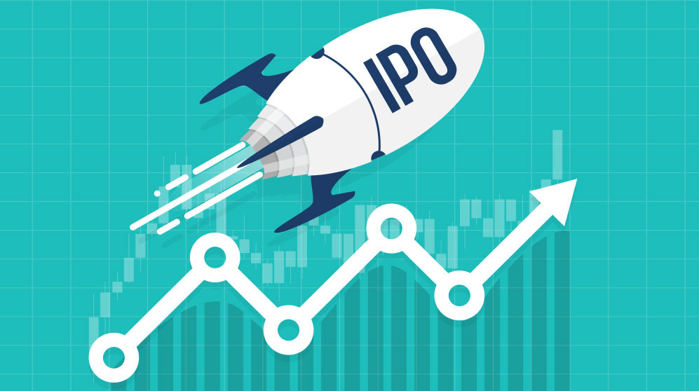 Cartoon rocket with IPO label flying upward.