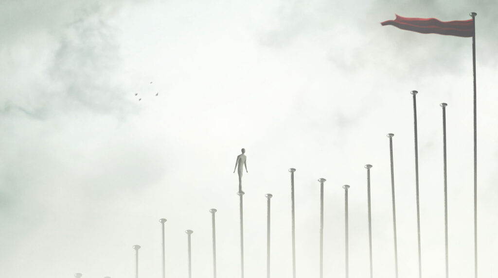 Drawing of a figure standing on pi heads rising in height up to a blowing red flag.