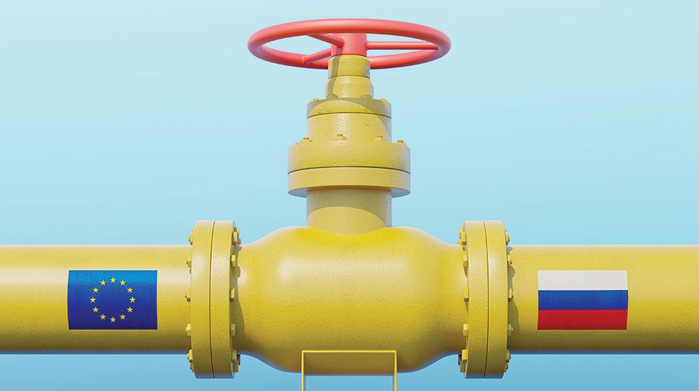 Yellow gas pipeline intersection with red on/off nozzle: a Eurozone flag on left pipeline and a Russia flag on right pipeline.