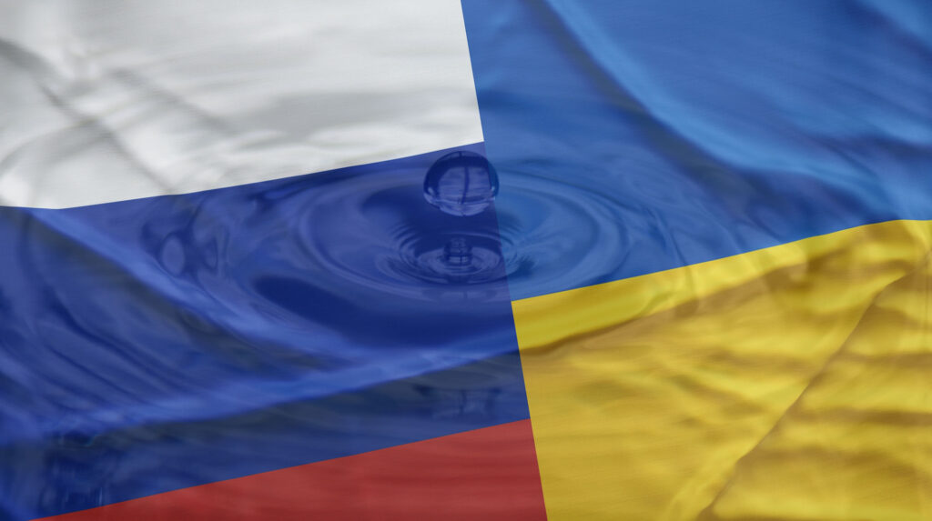 Flags of Russia and Ukraine with a water ripple superimposed on top.