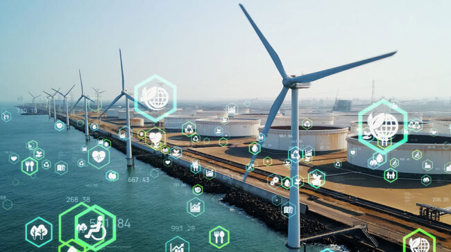 Mashup of windmills in front of oil refinery with glowing icons representing green technology.