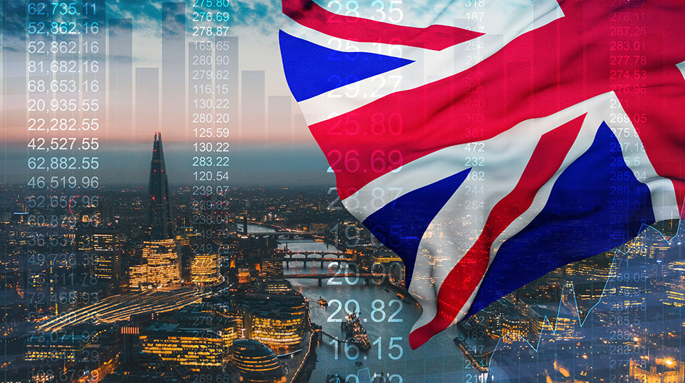 Mashup of city of London skyline at dusk, financial market point returns, and billowing U.K. flag.