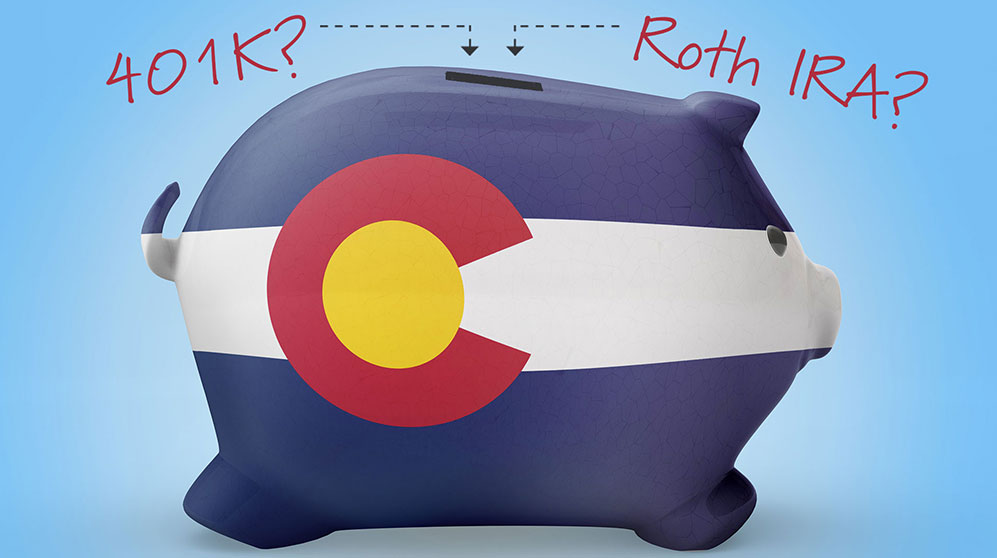 Piggy bank with CO state flag and questions if small employers should offer a 401k or default to new CO SecureSavings Roth IRA
