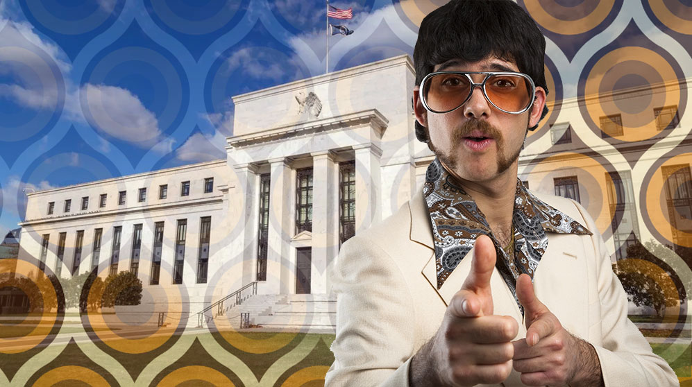 Mashup of facade of the Federal Reserve office building with a 70s costumed man wearing white polyester suit with paisley shirt and tinted glasses.