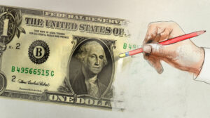 A pencil erasing a dollar bill
