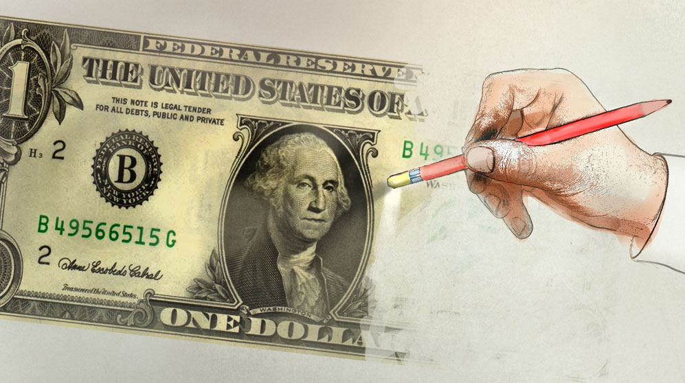 A pencil erasing a dollar bill