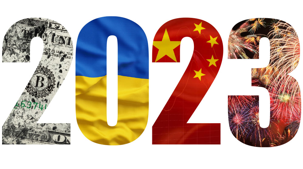 2023 stylized with 2 as U.S. currency, 0 as blue and yellow of Ukraine flag, 2 as red and gold stars of China flag, and 3 as New Year's fireworks