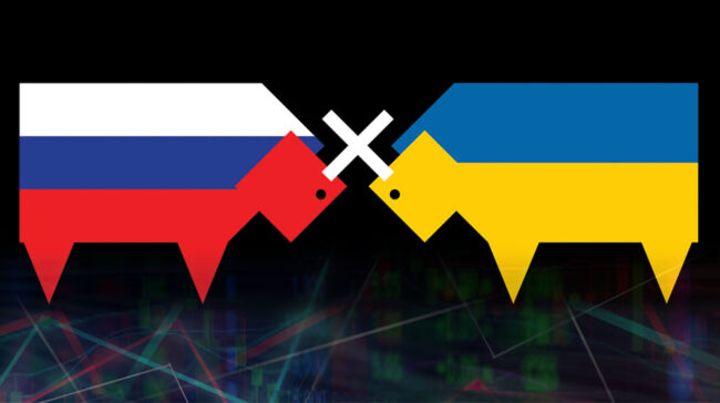 stylized bulls clashing horns, one with Russia flag colors, one with Ukraine flag colors