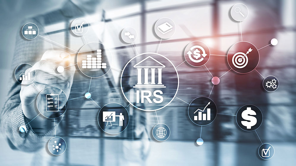 collection of icons with financial symbols with IRS building in middle