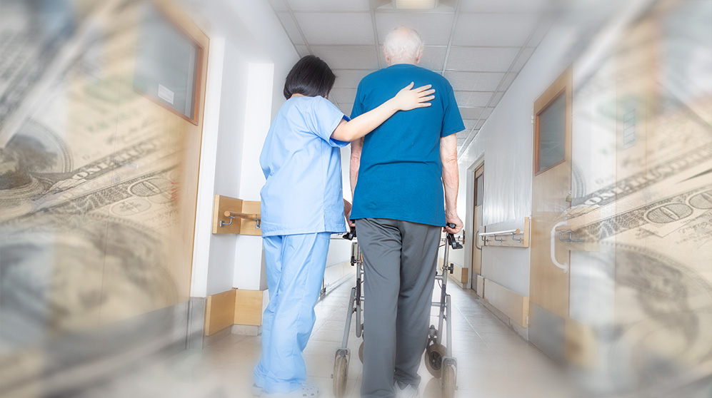 Elderly patient with a walker being guided down hallway by a nurse