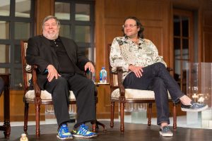 Apple co-founder Steve Wozniak and Brad Feld, CEO of Foundry Group on stage at event at The Dome at AMG