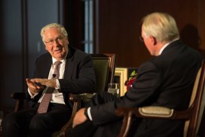 Lord Mervyn King, former Governor of the Bank of England, and Earl Wright talk about Brexit at AMG National Trust event in 2016