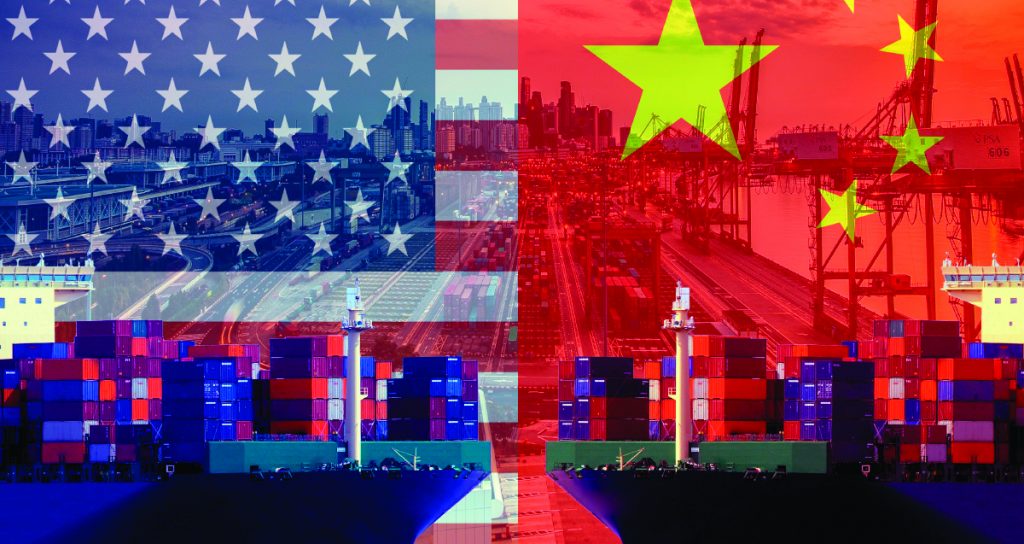 US and Chinese flags with shipping containers