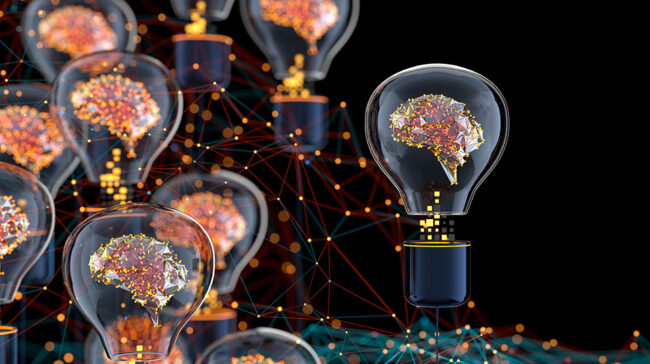 Represents artificial intelligence with networked lines with modern light bulbs holding electronic brain instead of filament
