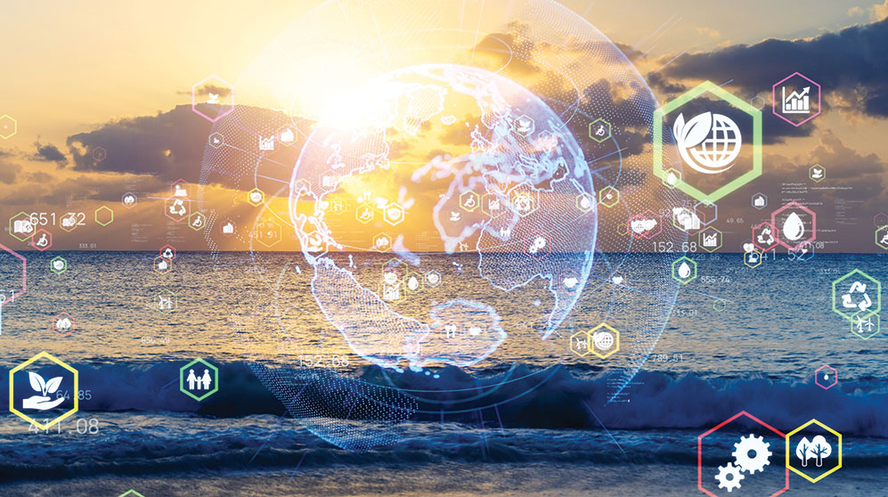 view of ocean overlaid by digital icons representing earth and green energy