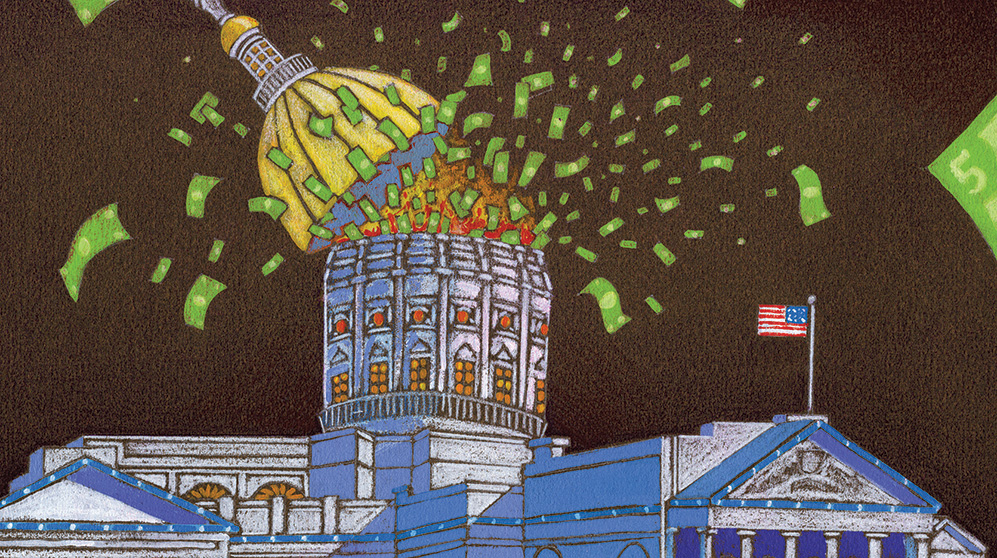 Illustration of U.S. Capital building's dome exploding with US$ bills