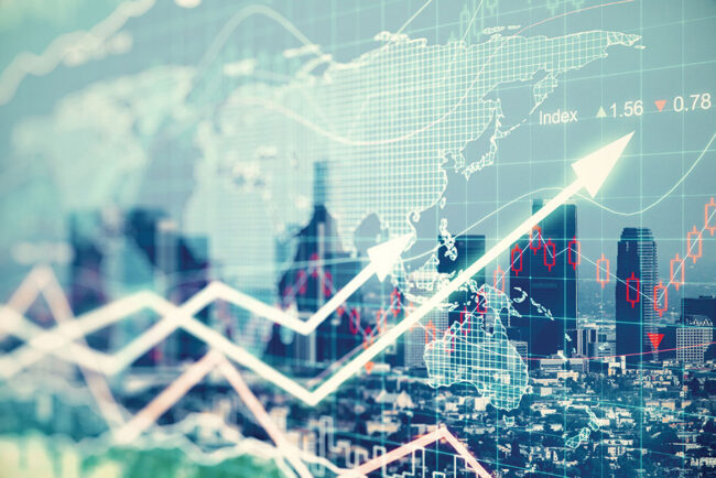 Cityscape overlaid by graphical world map, market performance charts and up arrows