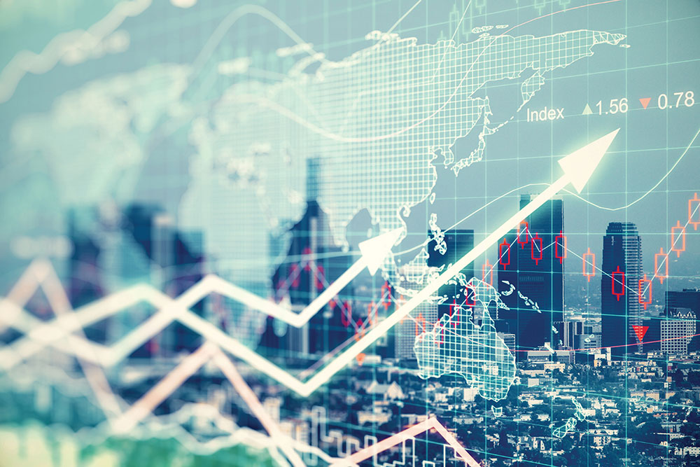 Cityscape overlaid by graphical world map, market performance charts and up arrows