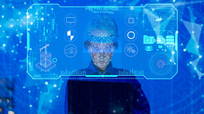 AI-revolution Futuristic person viewing transparent digital dashboard