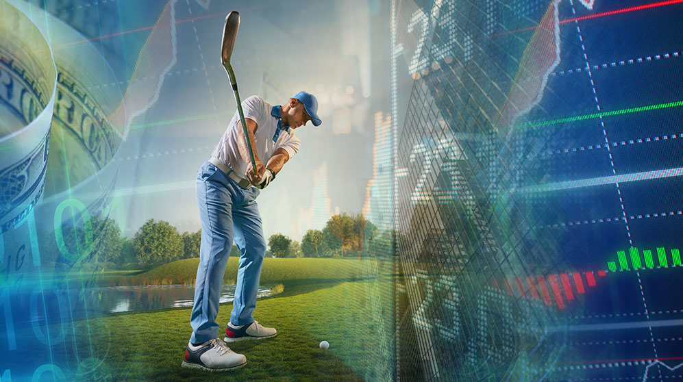 Man golfing with a bar chart overlaid.