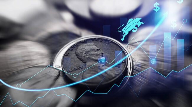 Photo of a penny and a stock market bull.