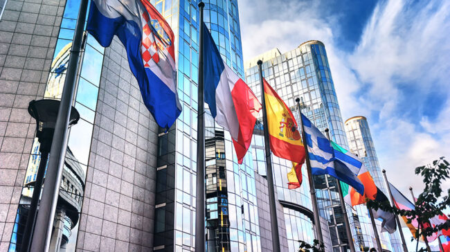 Photo of flags hanging up in Europe