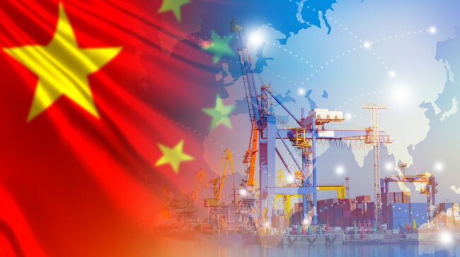 Photo collage of the Chinese flag and a shipyard for exports.