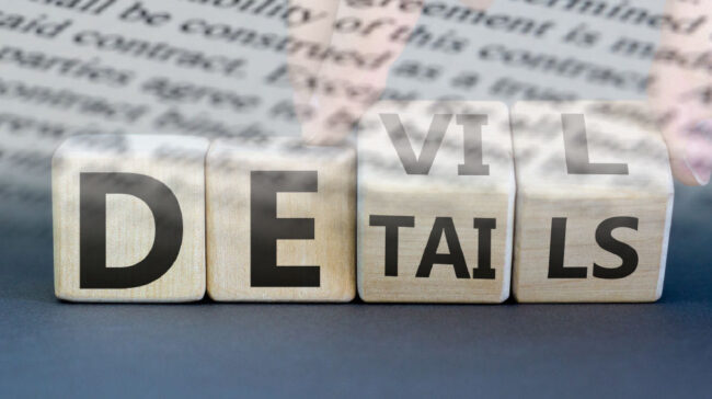 Photo showing the words "Devil" and "Details" on dice