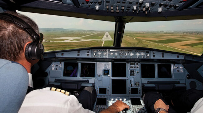 Photo from the cockpit of an airplane showing the landing pad