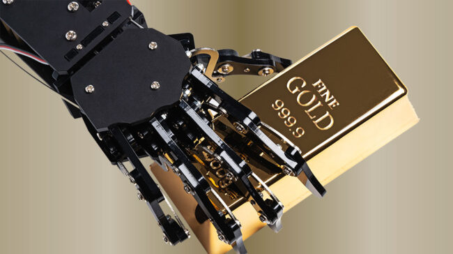Photo of an AI robot hand holding a block of gold