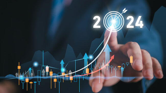 Photo collage of the stockmarket and a person pointing to the end of 2024